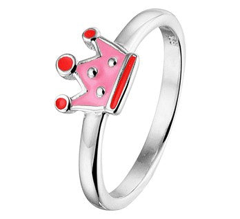 Zilveren kinderring kroon roze