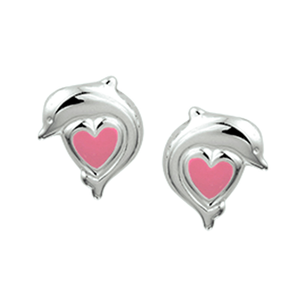 Oorknoppen dolfijn en hartje zilver wit