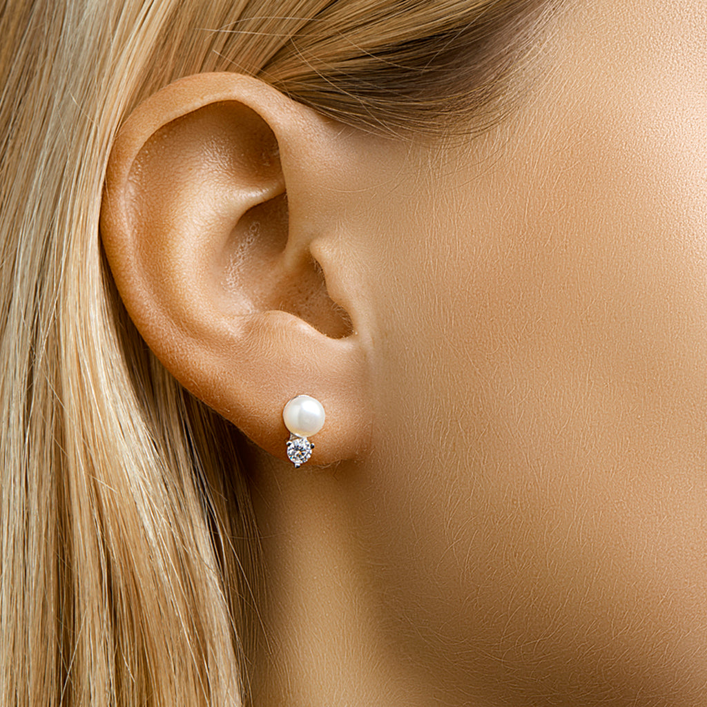 Oorknoppen parel en zirkonia zilver gerhodineerd