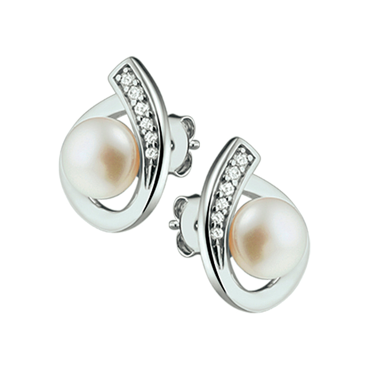 Oorknoppen parel en zirkonia zilver gerhodineerd