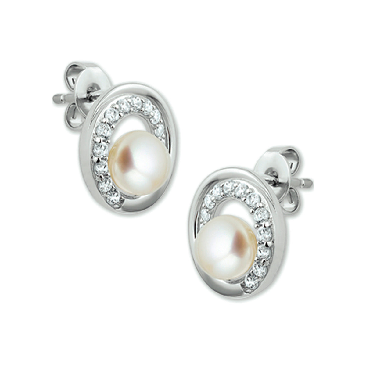 Oorknoppen parel en zirkonia zilver gerhodineerd