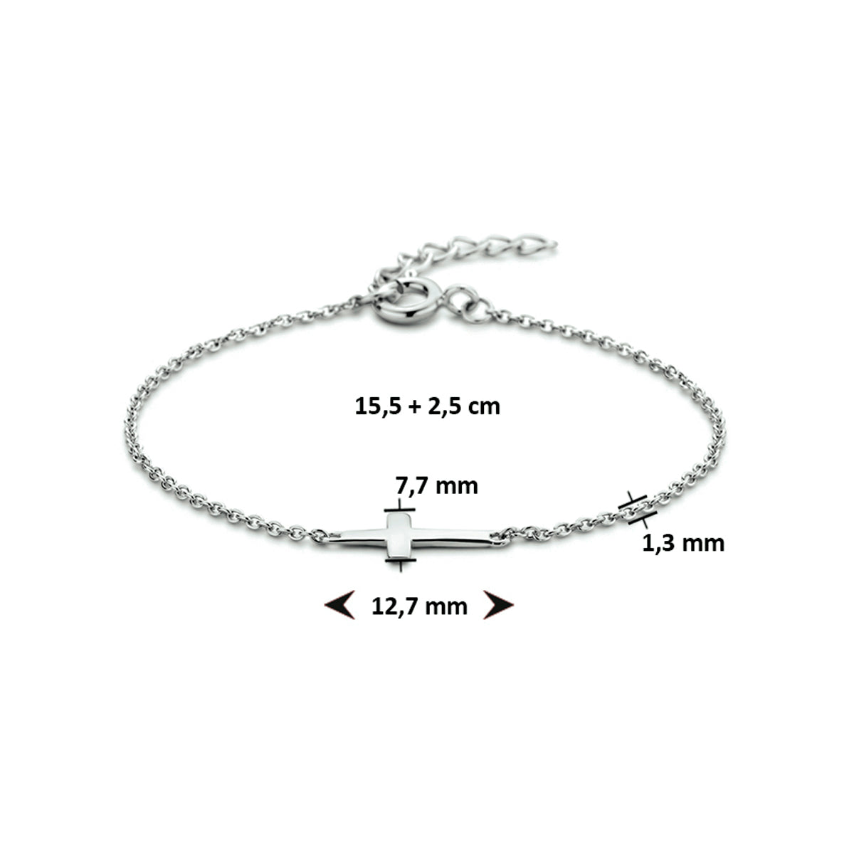 Armband kruis 15,5 + 2,5 cm zilver gerhodineerd