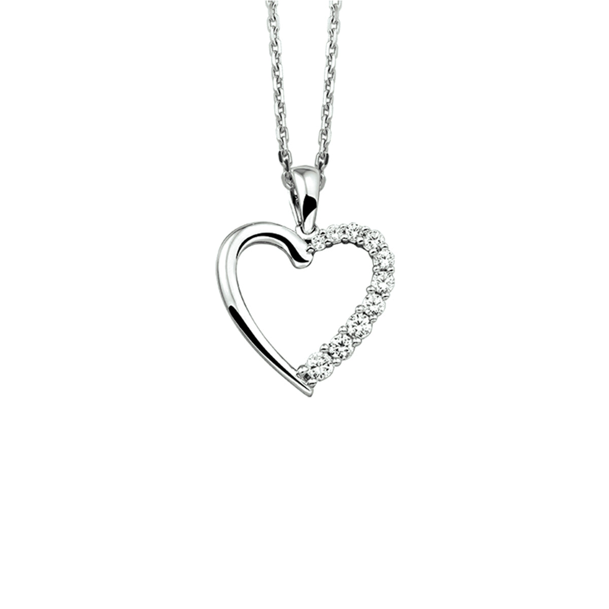 Collier hart zirkonia 41 + 4 cm zilver gerhodineerd