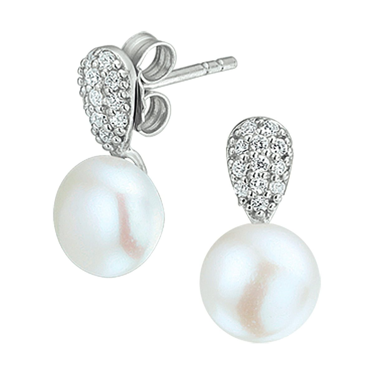 Oorknoppen parel en zirkonia zilver gerhodineerd