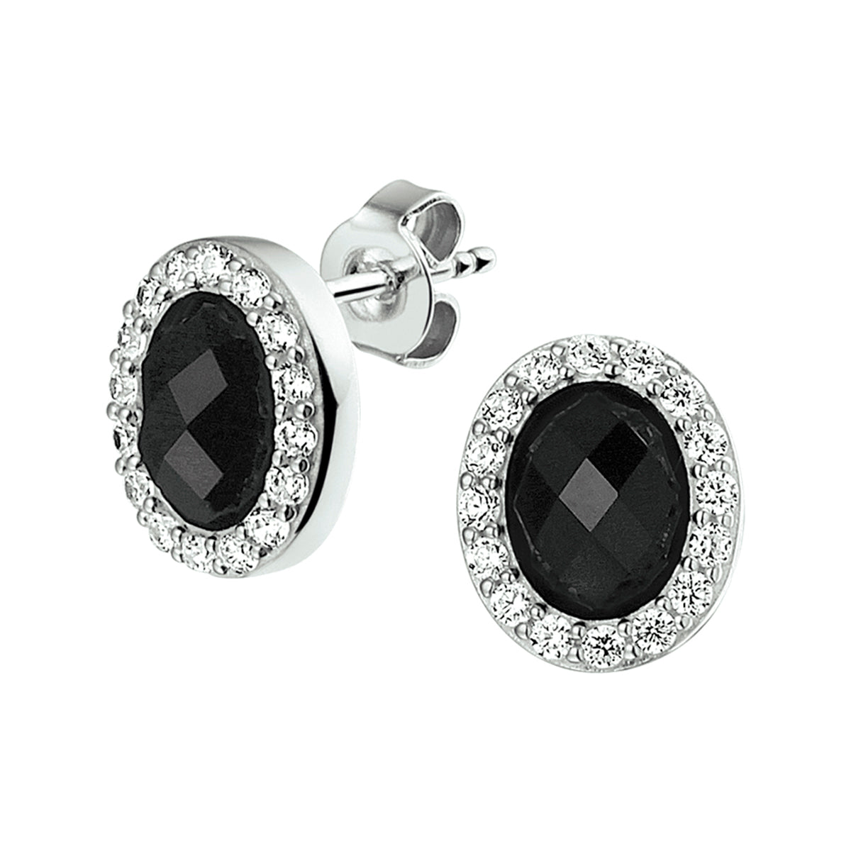 Oorknoppen onyx en zirkonia halo zilver gerhodineerd