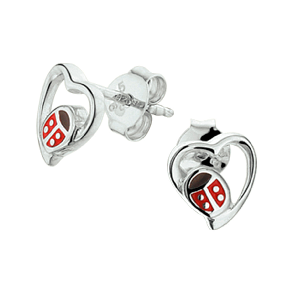 Oorknoppen hart lieveheersbeestje zilver gerhodineerd