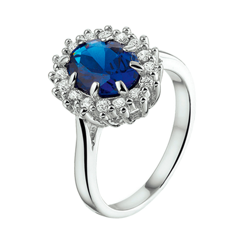 Ring zirkonia en synthetische saffier halo zilver gerhodineerd