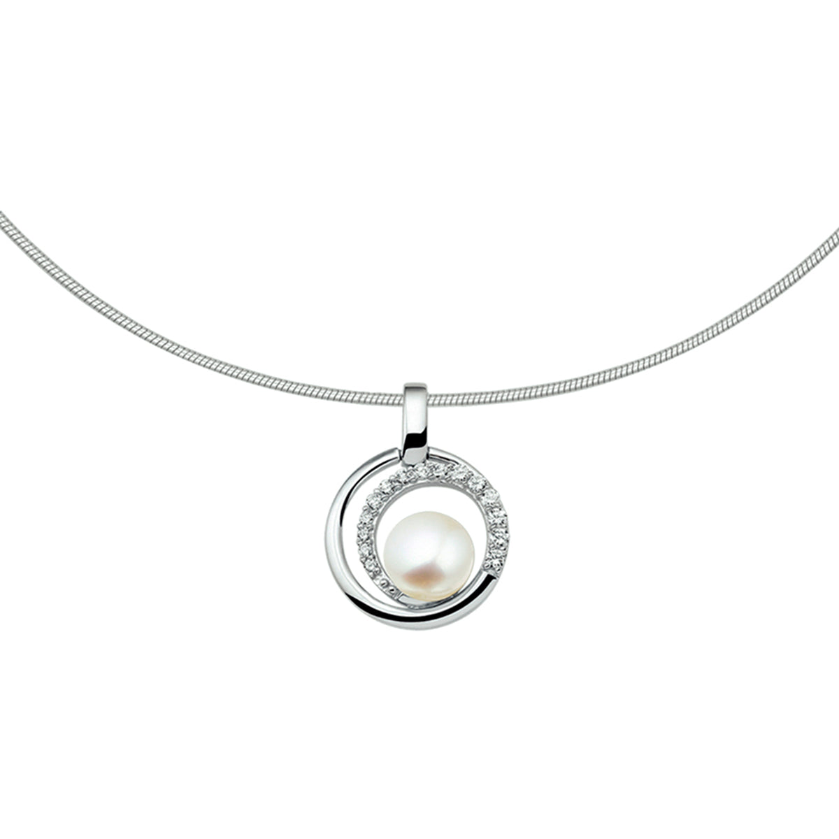 Collier parel en zirkonia 42 + 3 cm zilver gerhodineerd