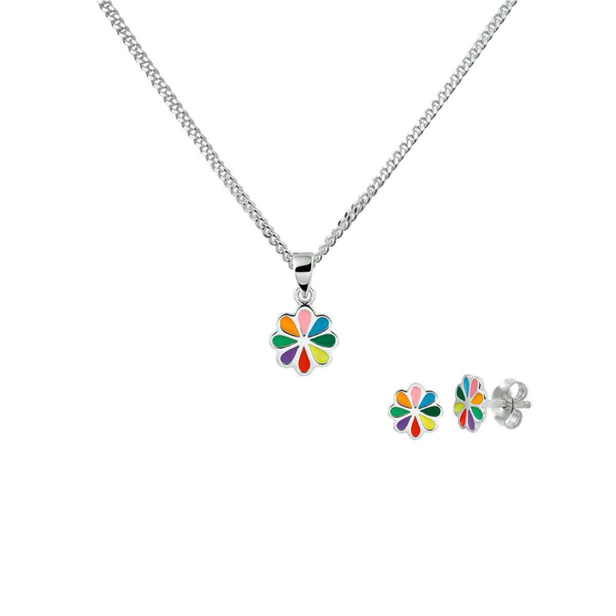 Oorknoppen en collier bloem zilver gerhodineerd