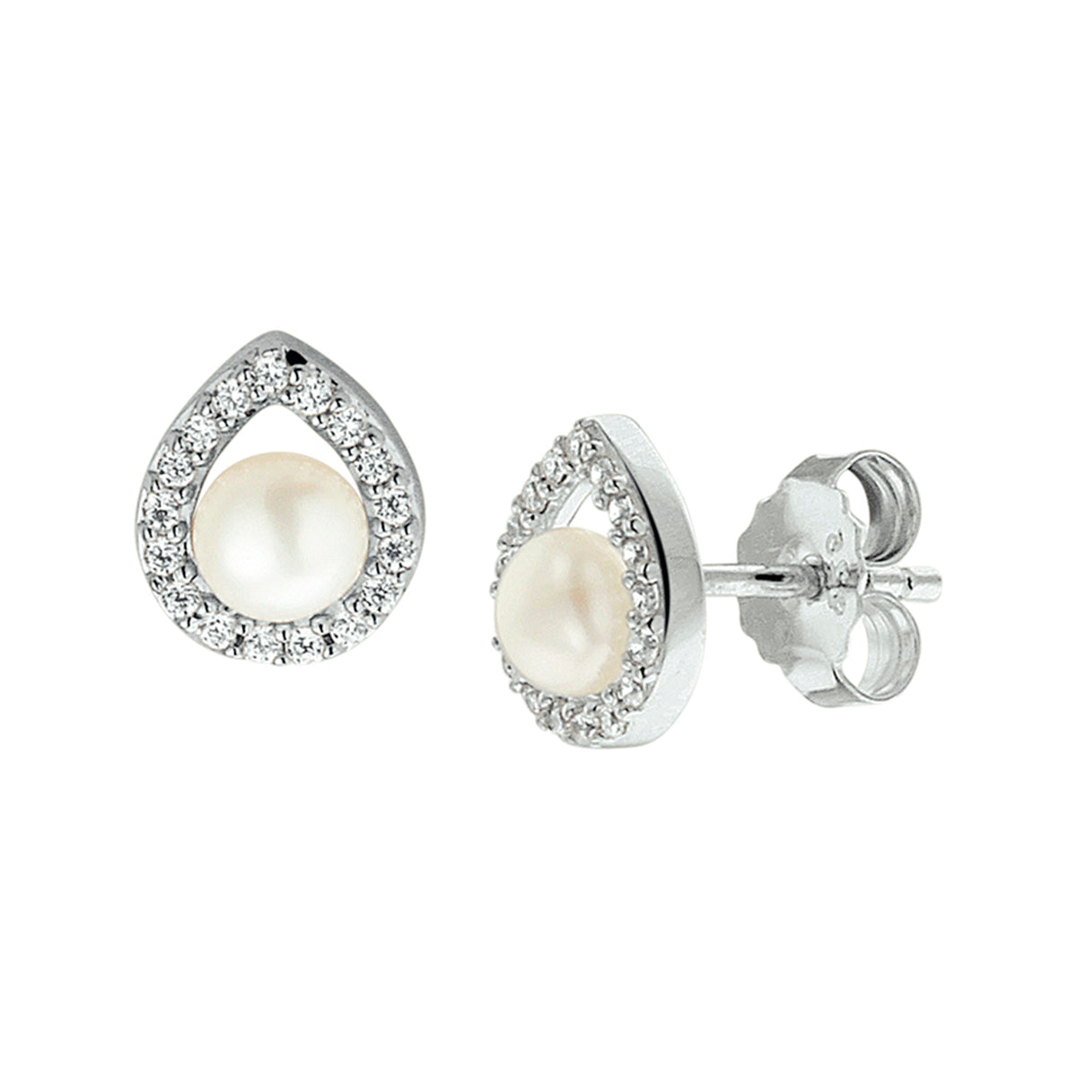Oorknoppen parel en zirkonia zilver gerhodineerd