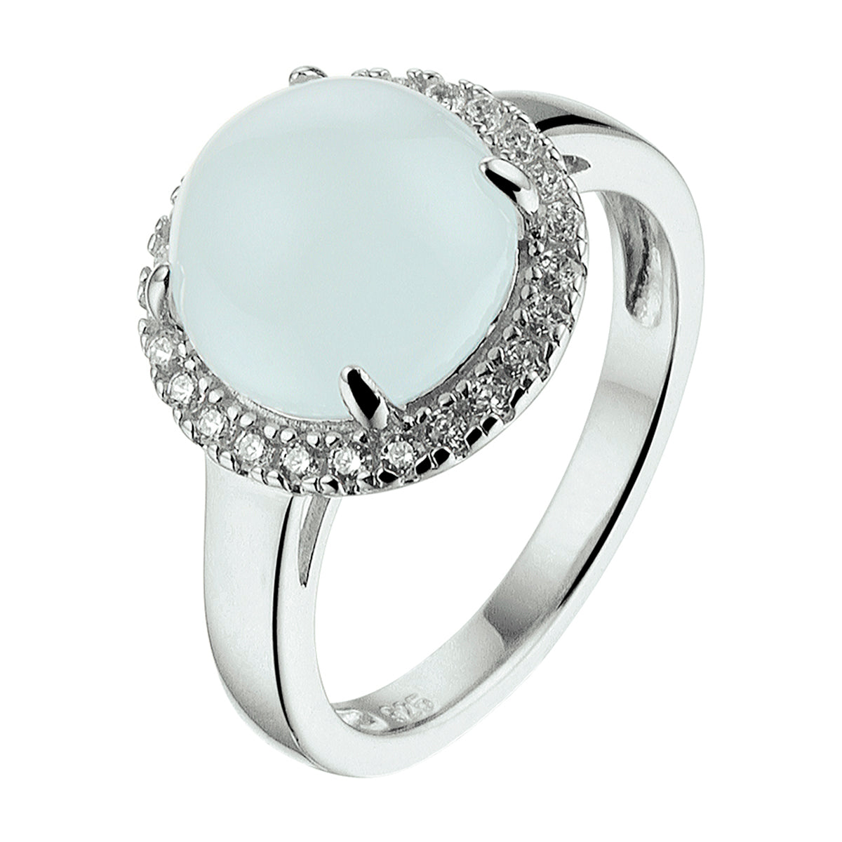 Ring aquamarijn en zirkonia halo zilver gerhodineerd