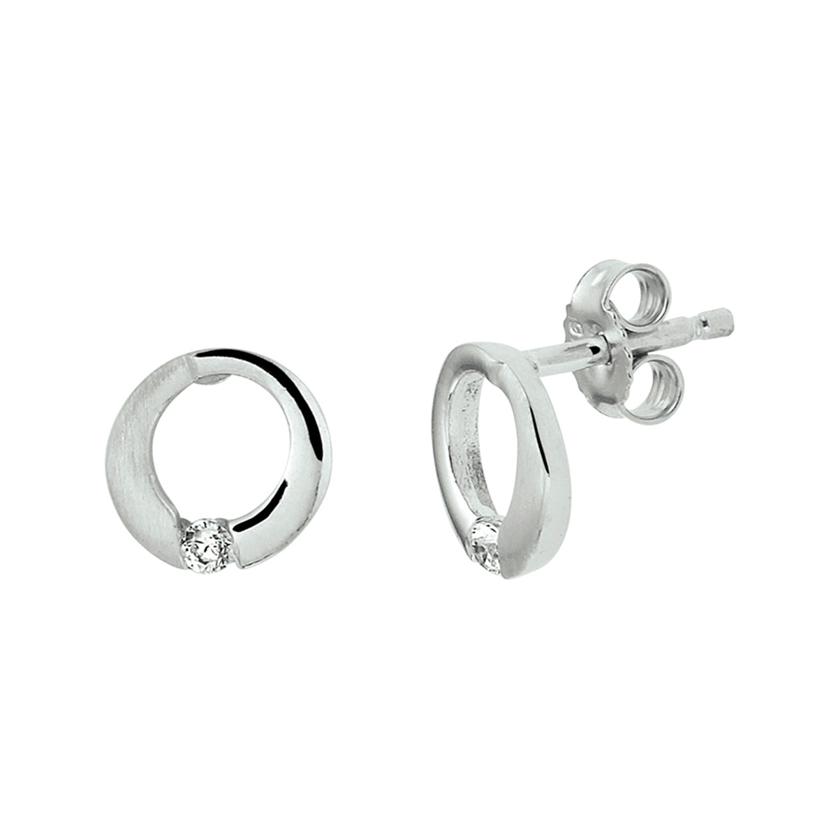 Oorknoppen rondje zirkonia poli/mat zilver gerhodineerd