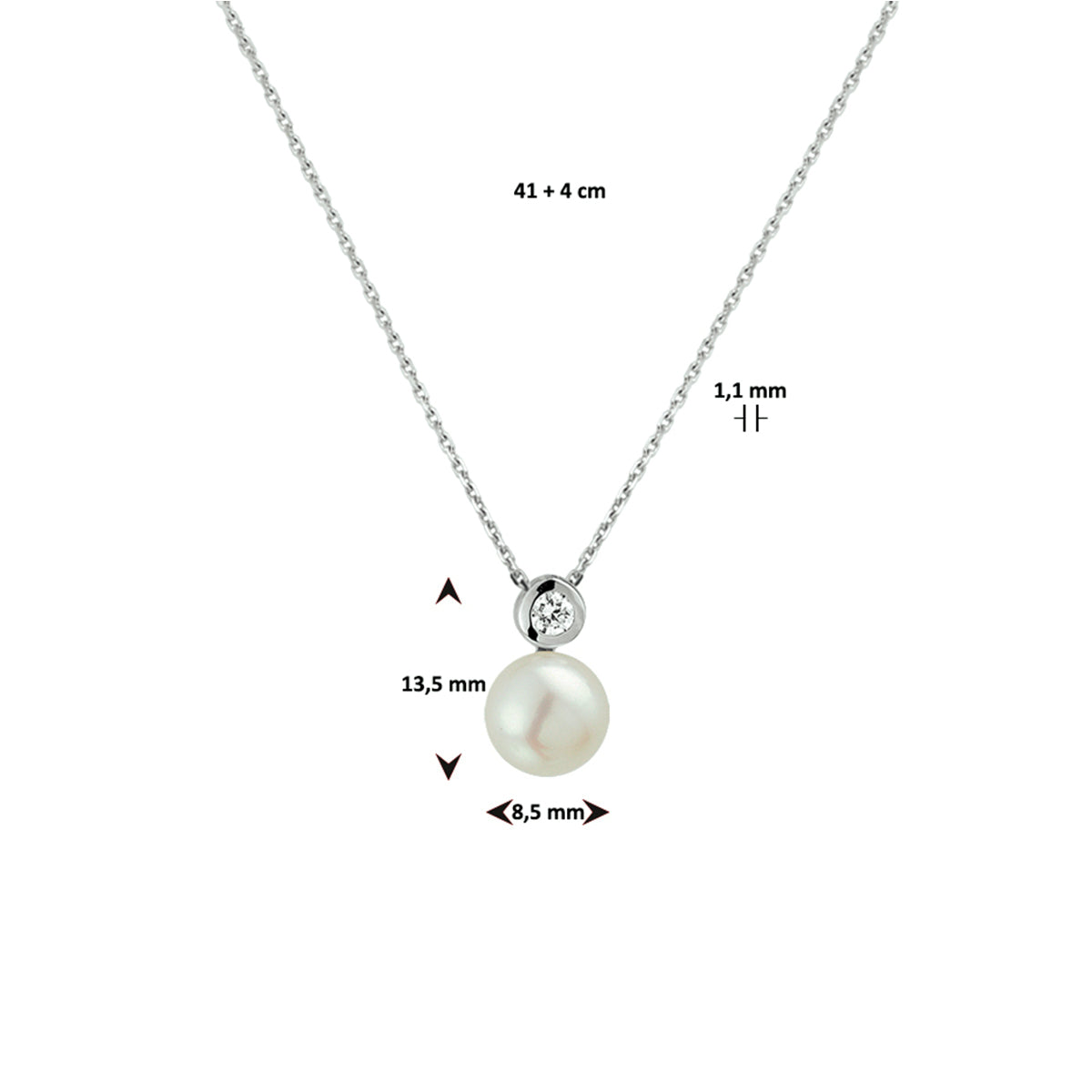 Collier parel en zirkonia 42 + 3 cm zilver gerhodineerd