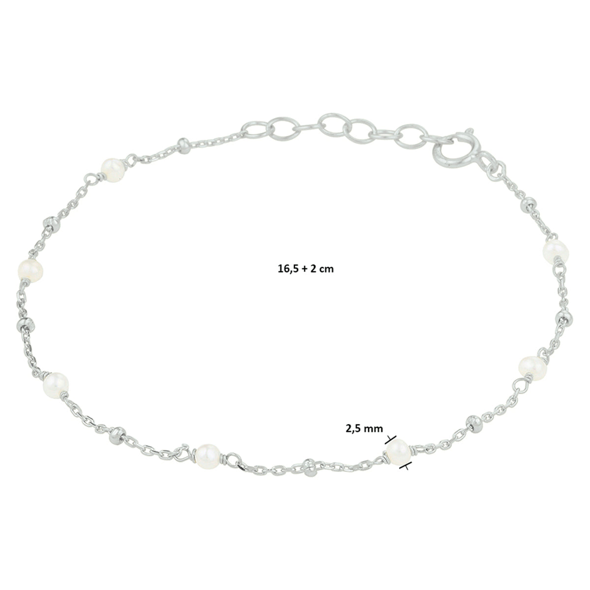 Armband parel 16,5 + 2 cm zilver gerhodineerd