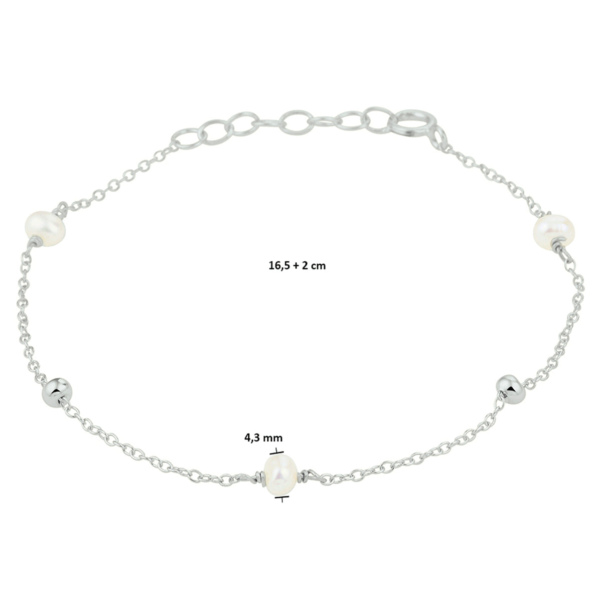 Armband parel 16,5 + 2 cm zilver gerhodineerd