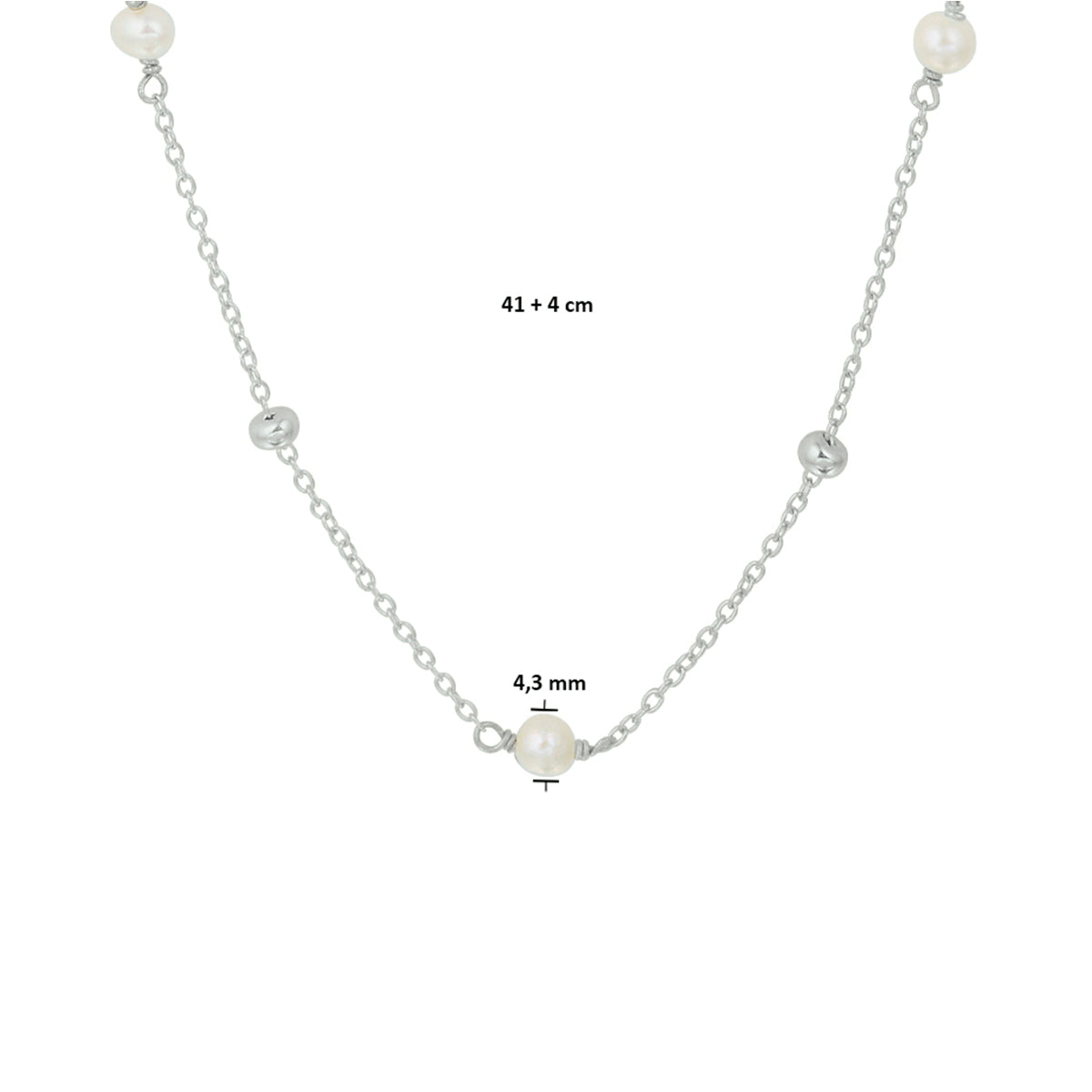 Collier parel 41 + 4 cm zilver gerhodineerd