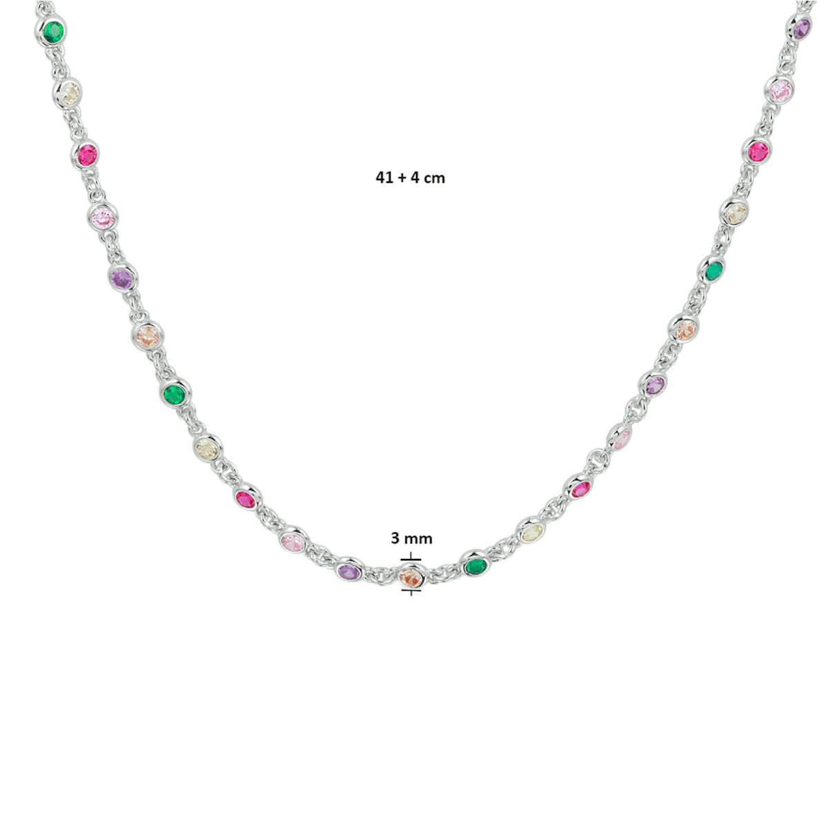 Collier regenboog zirkonia 41 + 4 cm zilver gerhodineerd