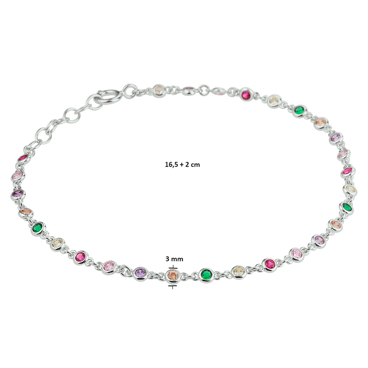 Armband regenboog zirkonia 16,5 + 2 cm zilver gerhodineerd