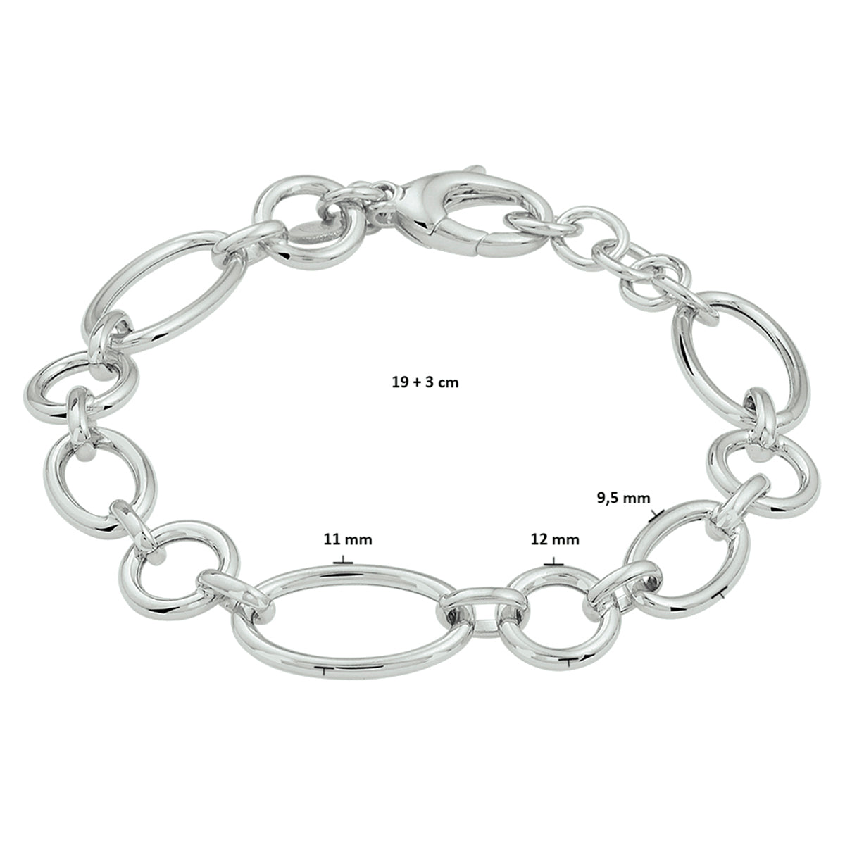 Armband 12 mm 19 + 3 cm zilver gerhodineerd