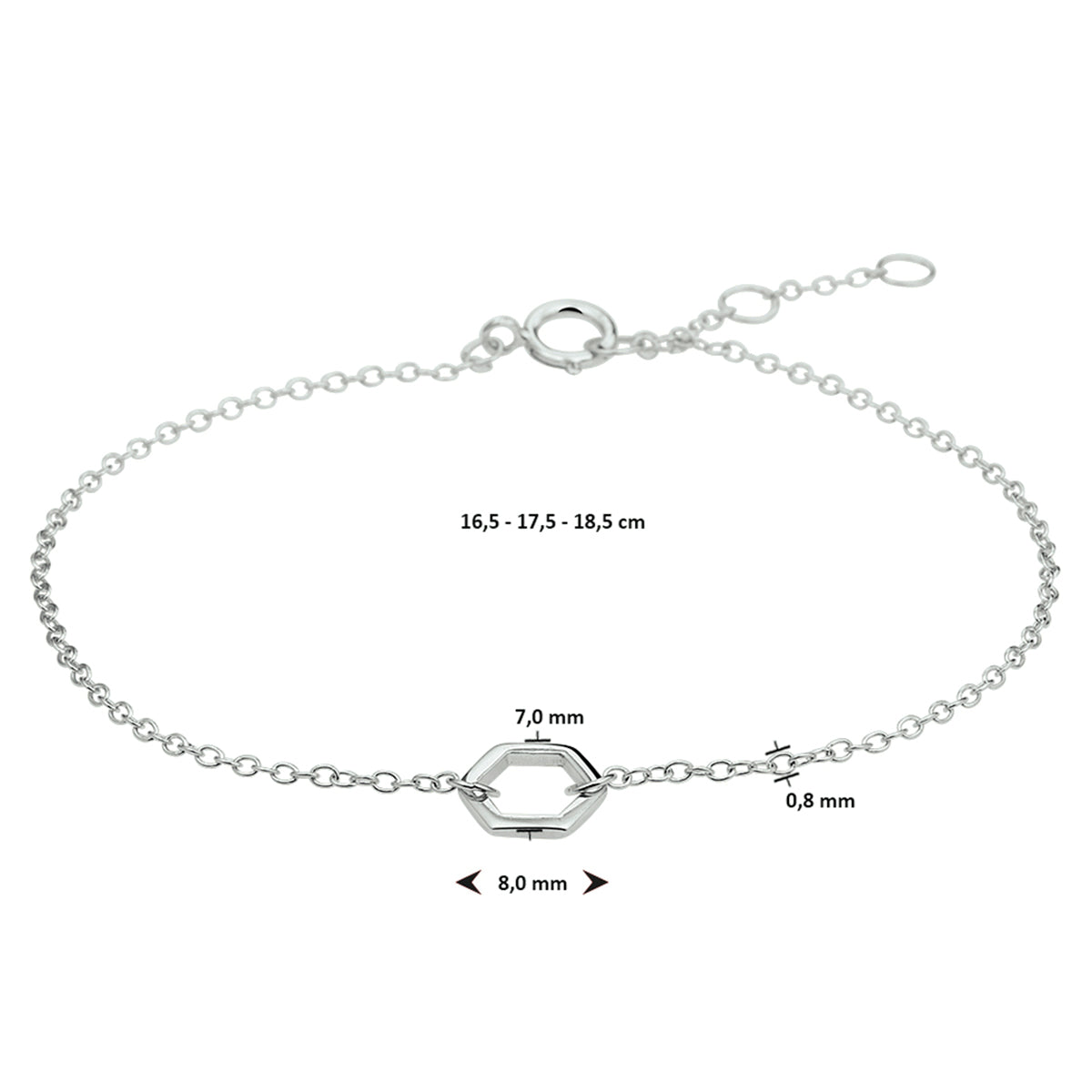 Armband zeshoek 16,5 - 17,5 - 18,5 cm zilver gerhodineerd