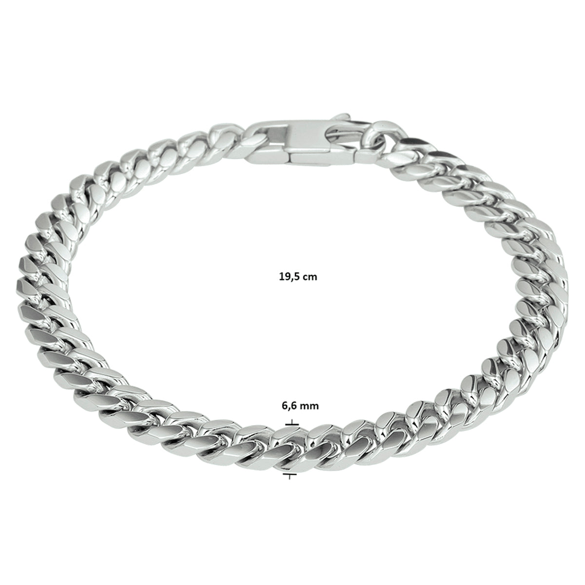 Armband gourmette 6-zijdes geslepen 6,6 mm 19,5 cm zilver gerhodineerd
