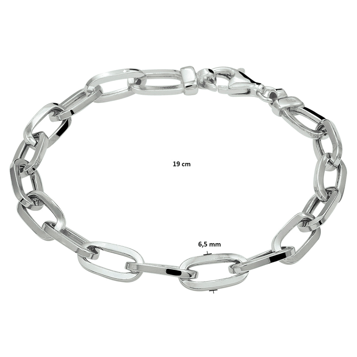 Armband paperclip vierkante buis 6,5 mm 19 cm zilver gerhodineerd