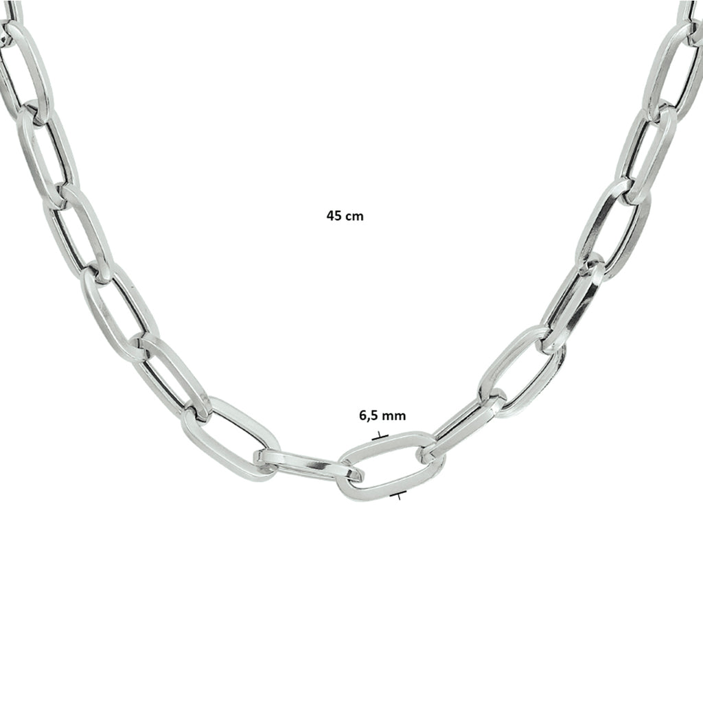 Collier paperclip vierkante buis 6,5 mm 45 cm zilver gerhodineerd