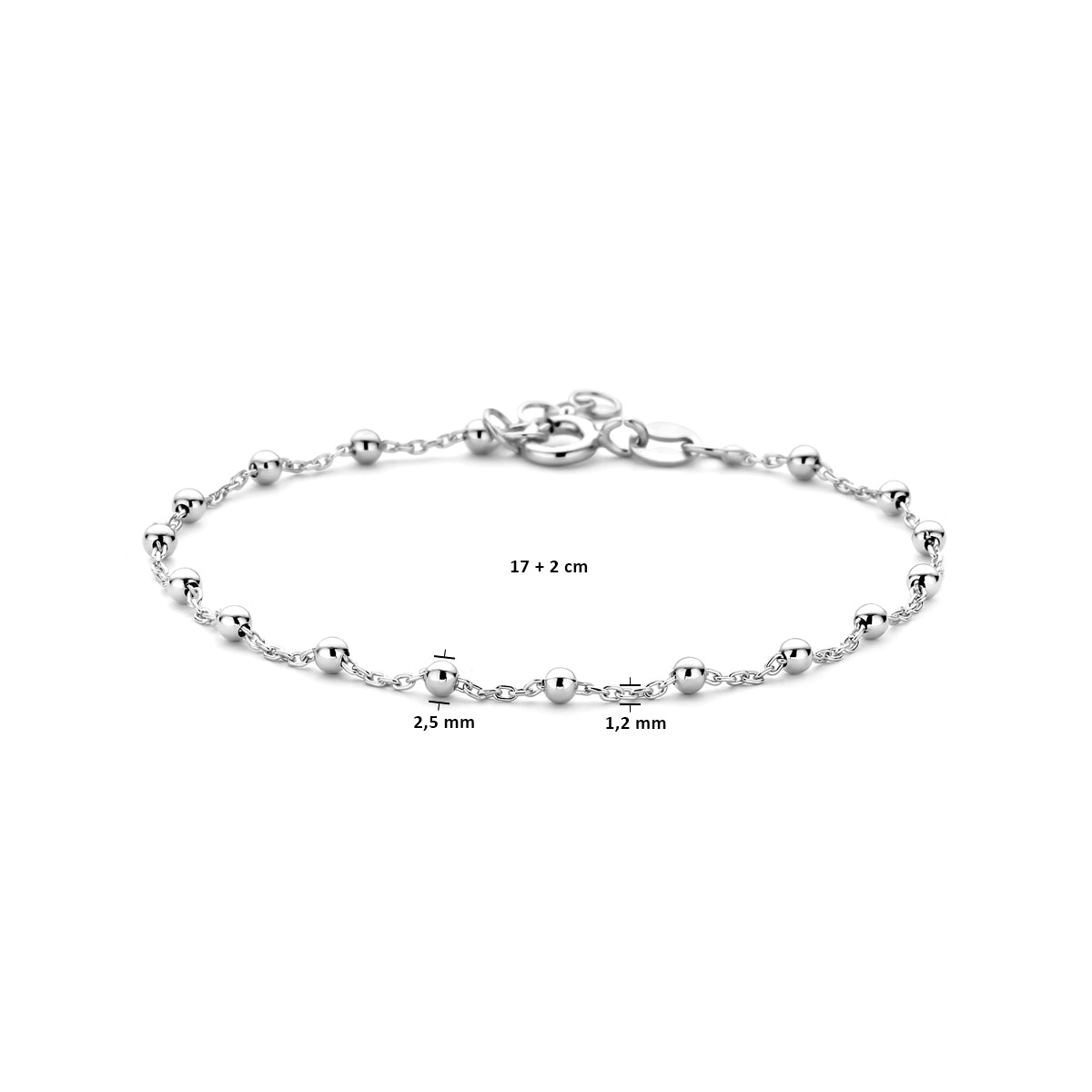 Armband bolletjes 2,5 mm 17 + 2 cm zilver gerhodineerd