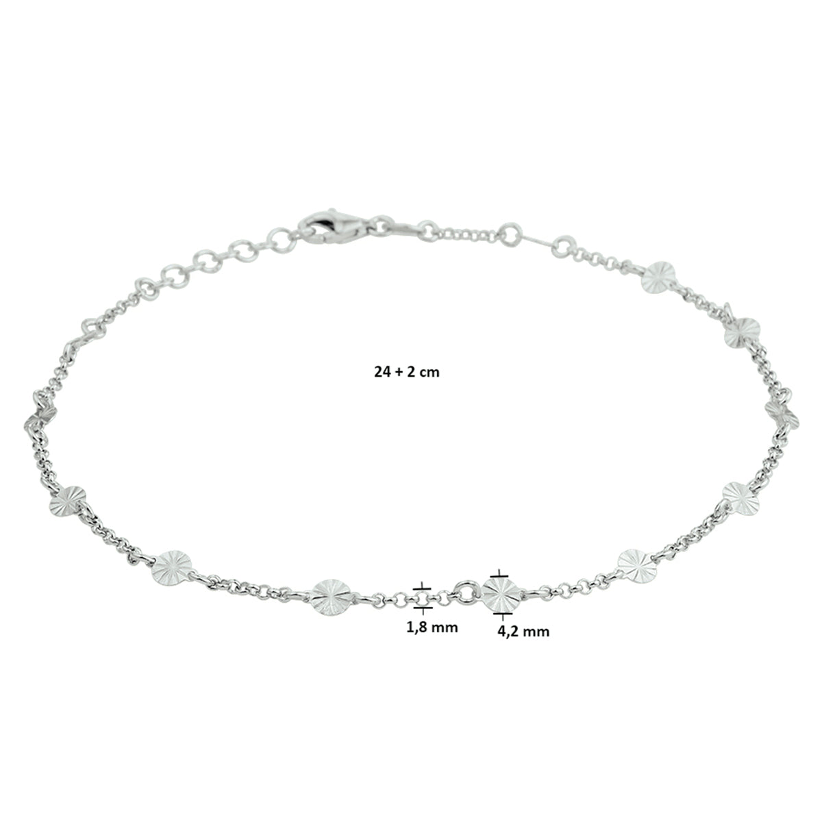 Enkelbandje 4,2 mm 24 + 2 cm zilver gerhodineerd