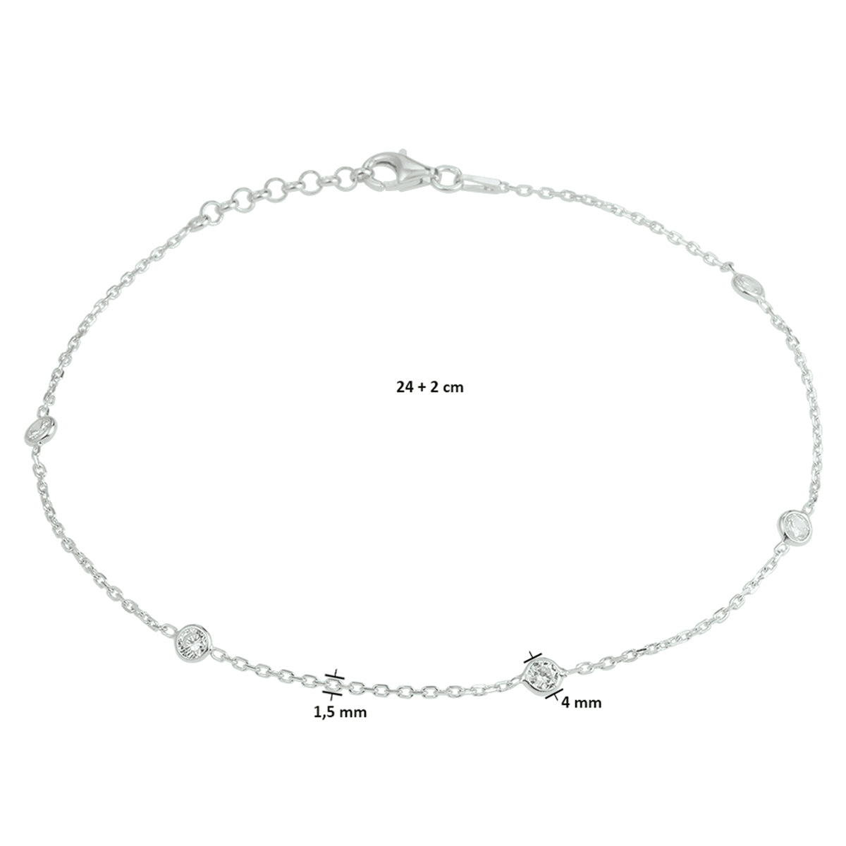 Enkelbandje zirkonia 24 + 2 cm zilver gerhodineerd