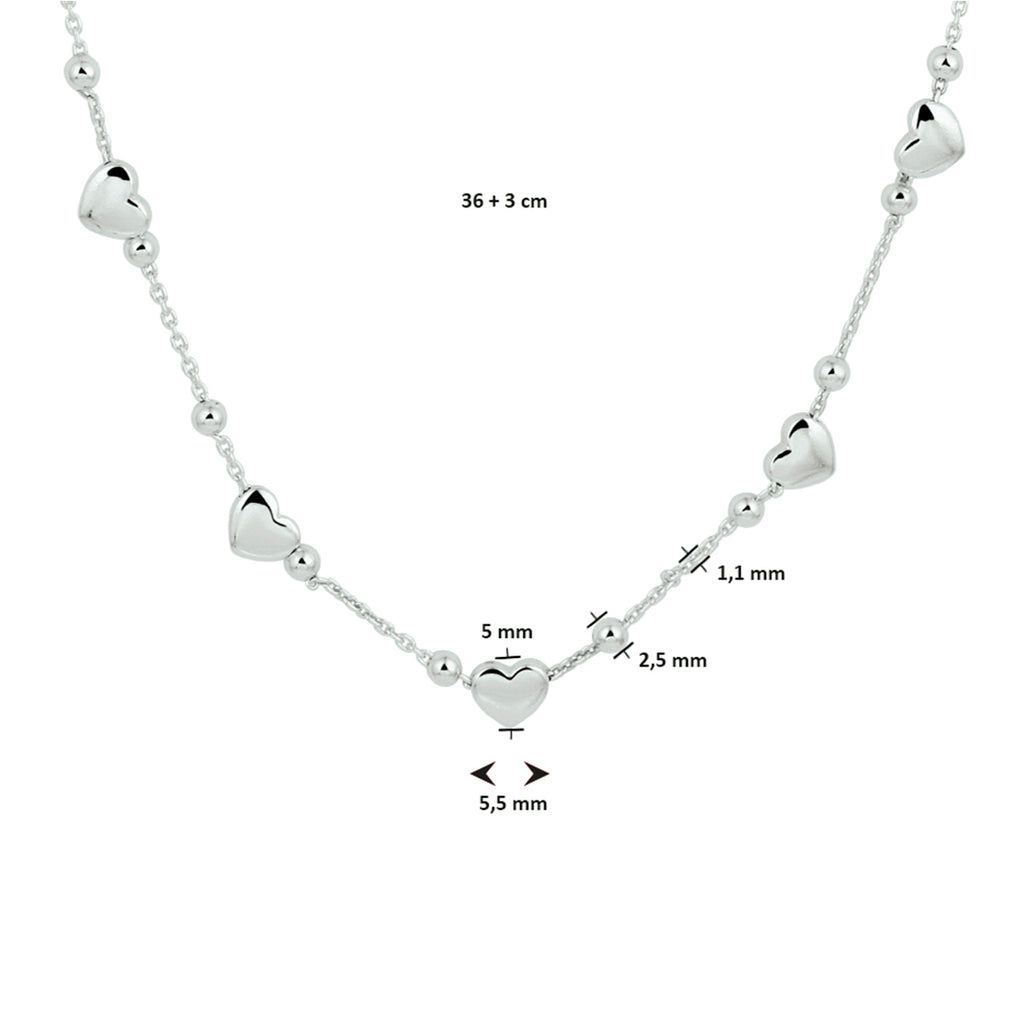 Collier hartjes 36 + 3 cm zilver gerhodineerd