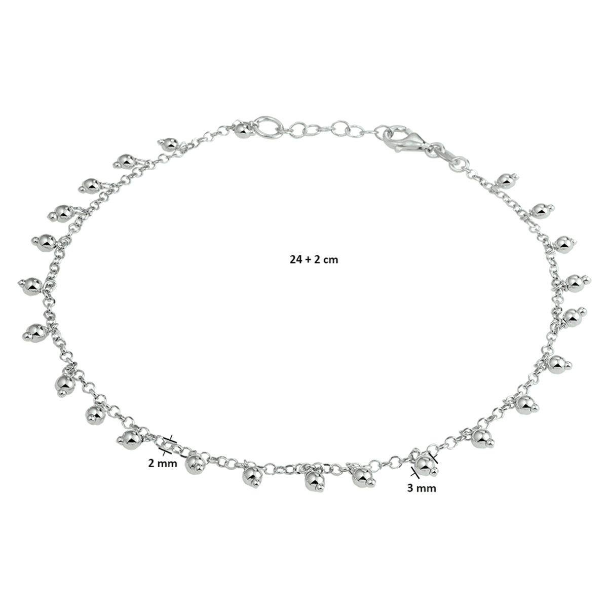 Enkelbandje bolletjes 2,0 mm 24 + 2 cm zilver gerhodineerd