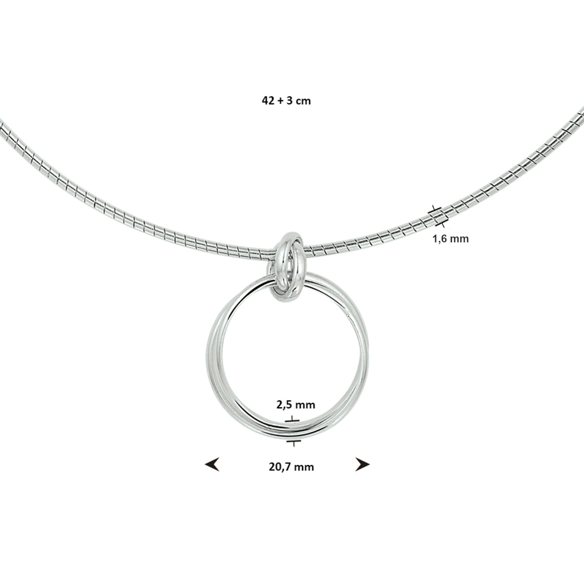 Collier rondjes 42 + 3 cm zilver gerhodineerd