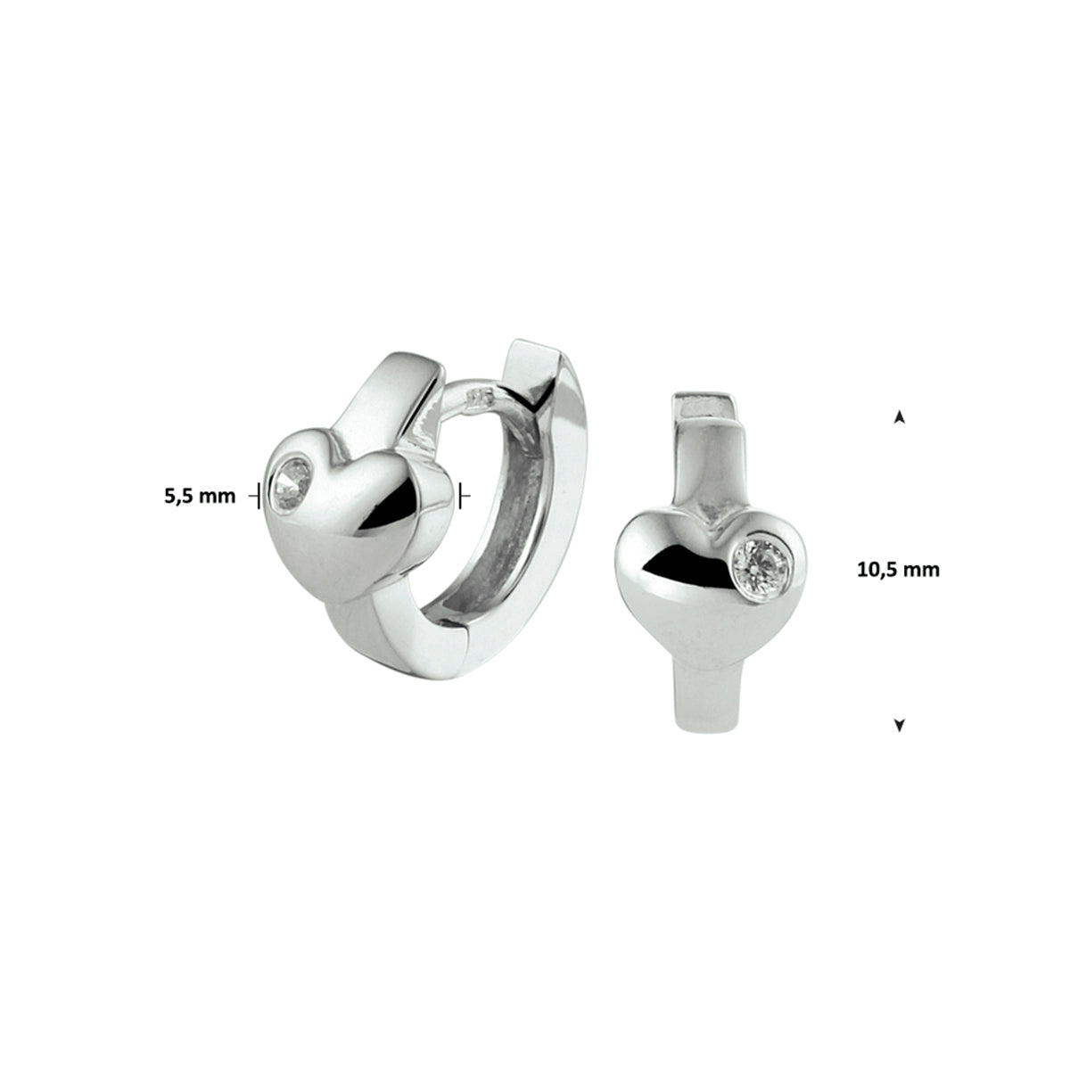 Klapoorringen hart zirkonia zilver gerhodineerd