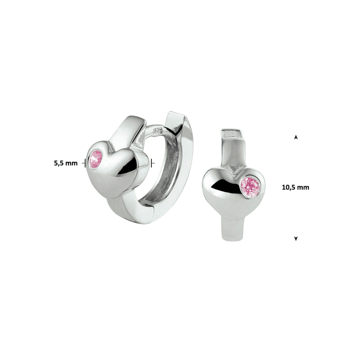Klapoorringen hart roze zirkonia zilver gerhodineerd