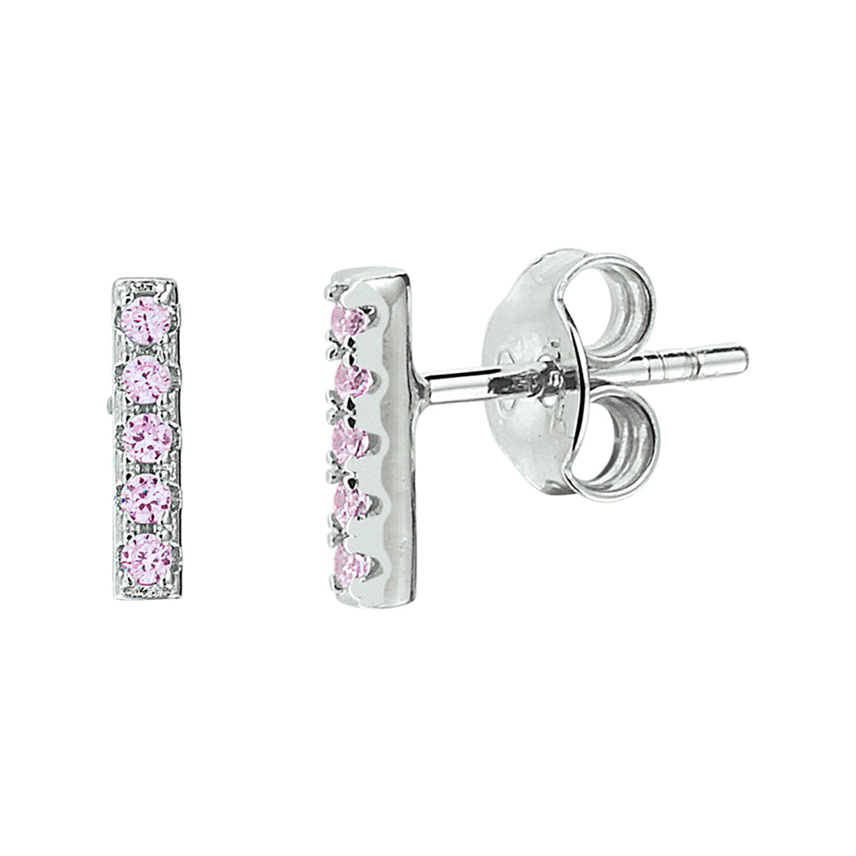 Oorknoppen balkje roze zirkonia zilver gerhodineerd