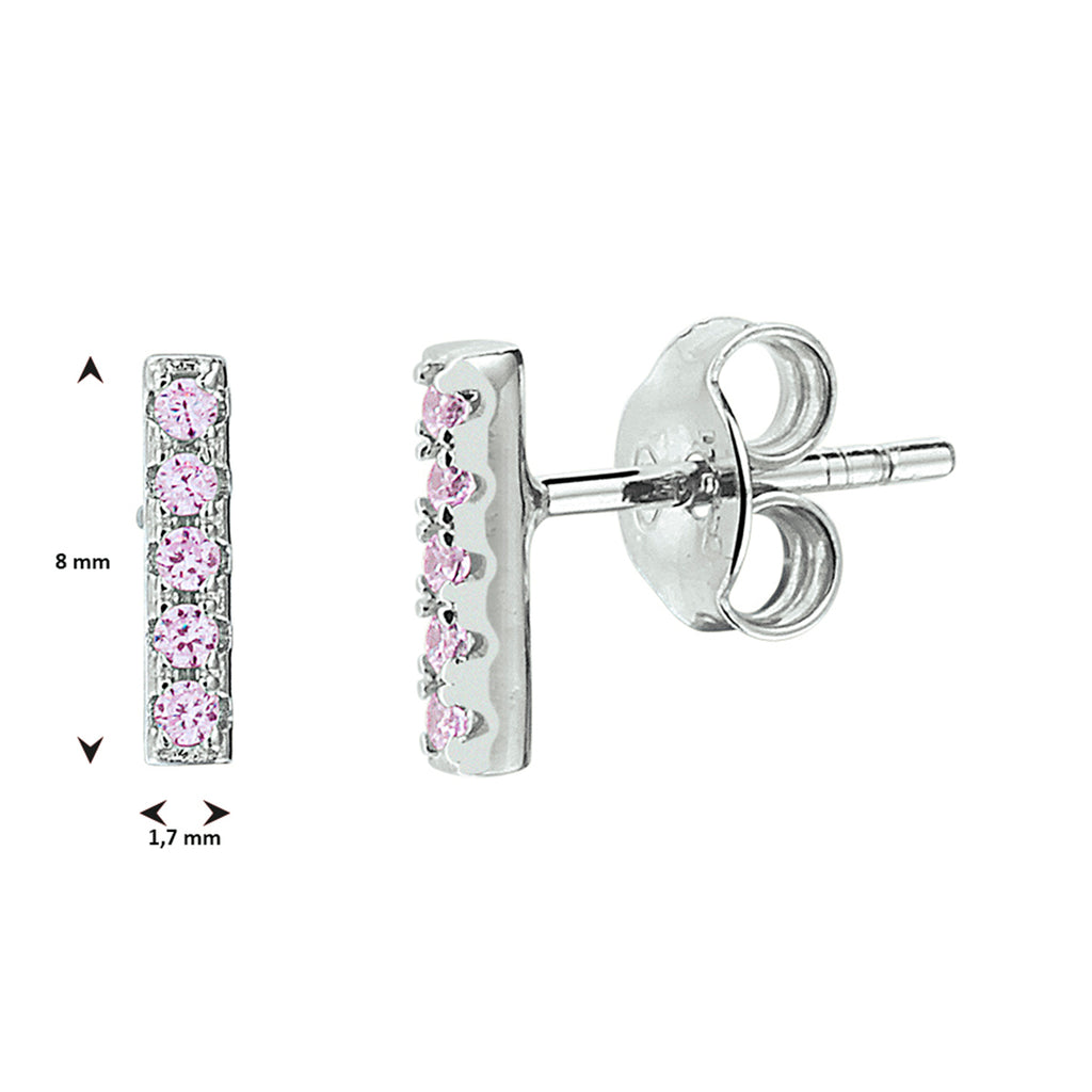 Oorknoppen balkje roze zirkonia zilver gerhodineerd