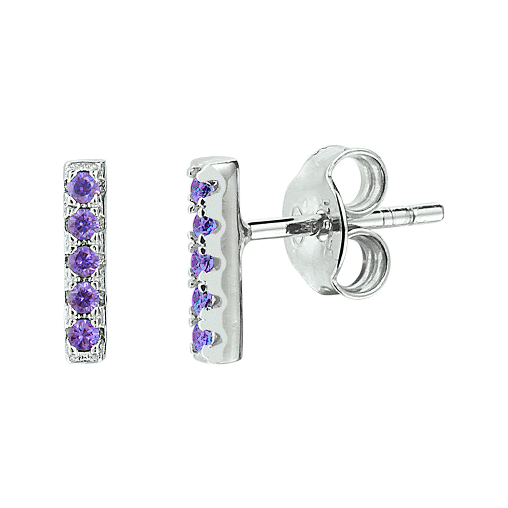 Oorknoppen balkje paars zirkonia zilver gerhodineerd