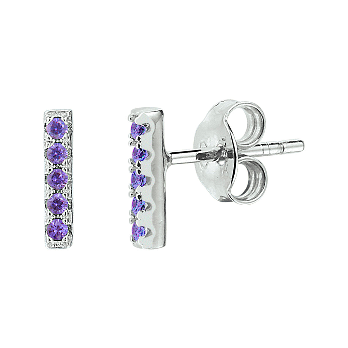 Oorknoppen balkje paars zirkonia zilver gerhodineerd