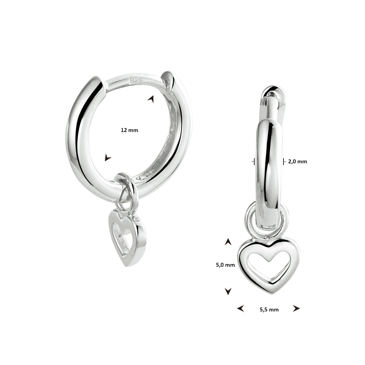 Oorringen hart zilver gerhodineerd