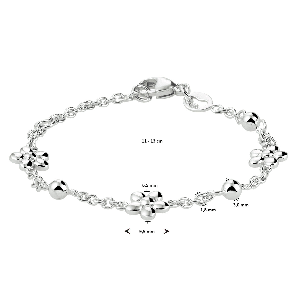 Kinderarmband bloem 11 - 13 cm zilver gerhodineerd