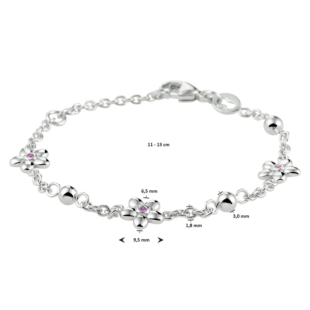 Armband bloem roze zirkonia 11 - 13 cm zilver gerhodineerd