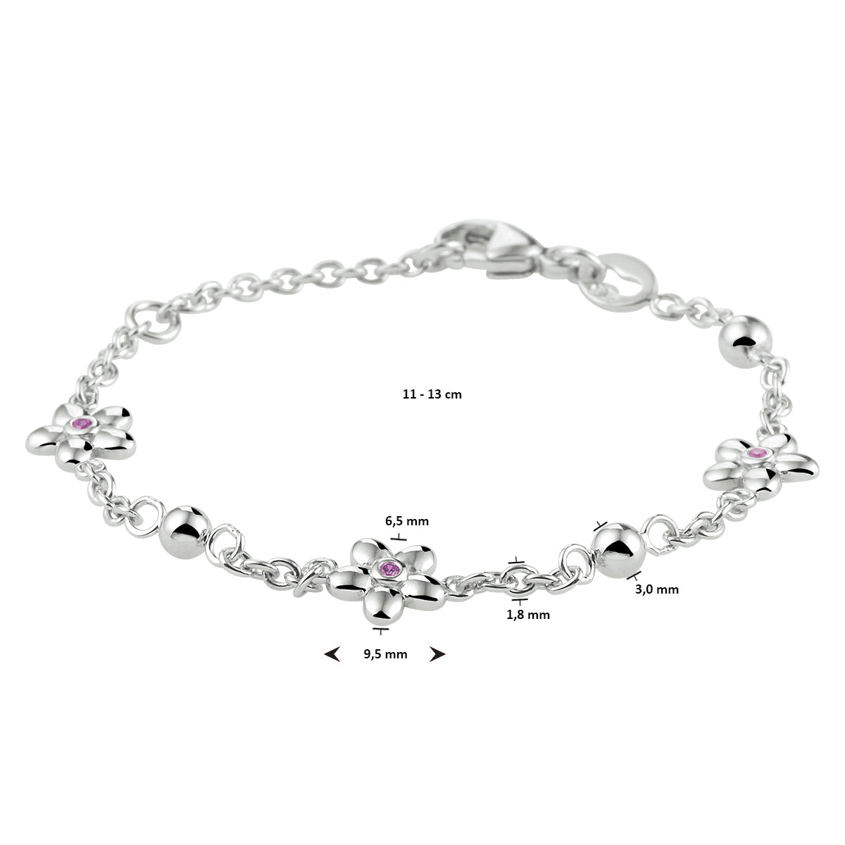 Armband bloem roze zirkonia 11 - 13 cm zilver gerhodineerd