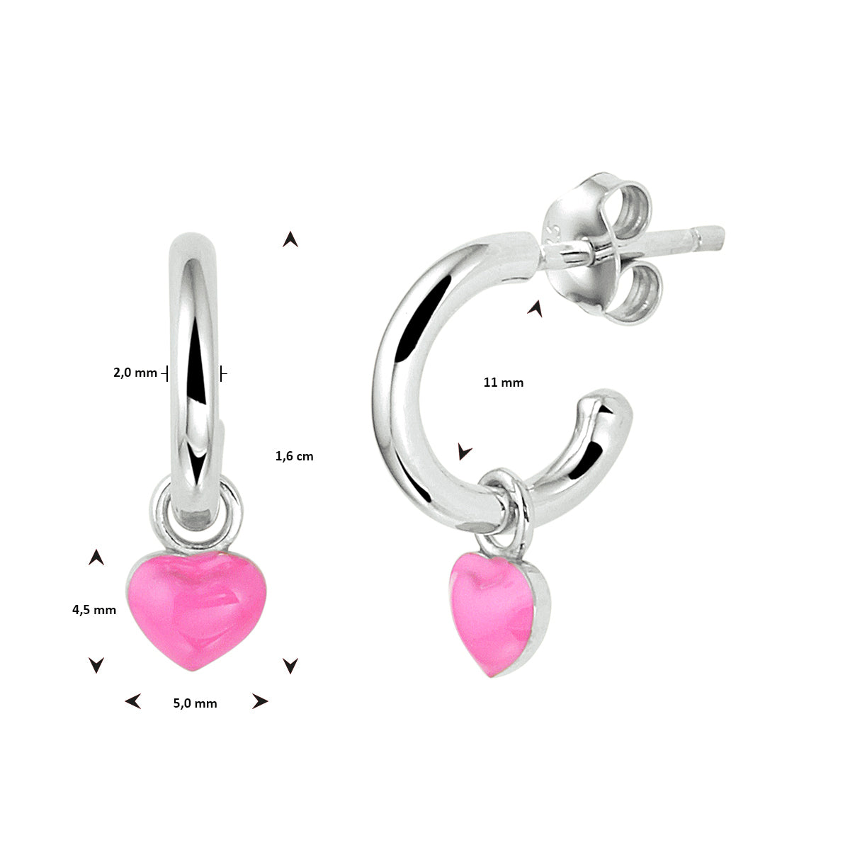 Stekeroorringen hart zilver gerhodineerd