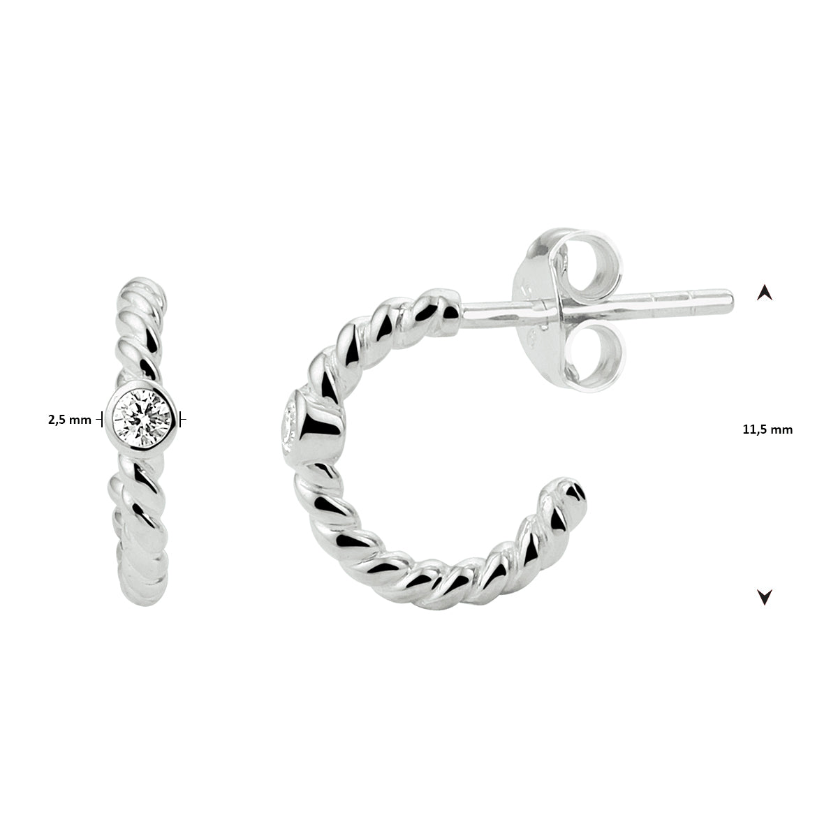 Stekeroorringen gedraaid zirkonia zilver gerhodineerd