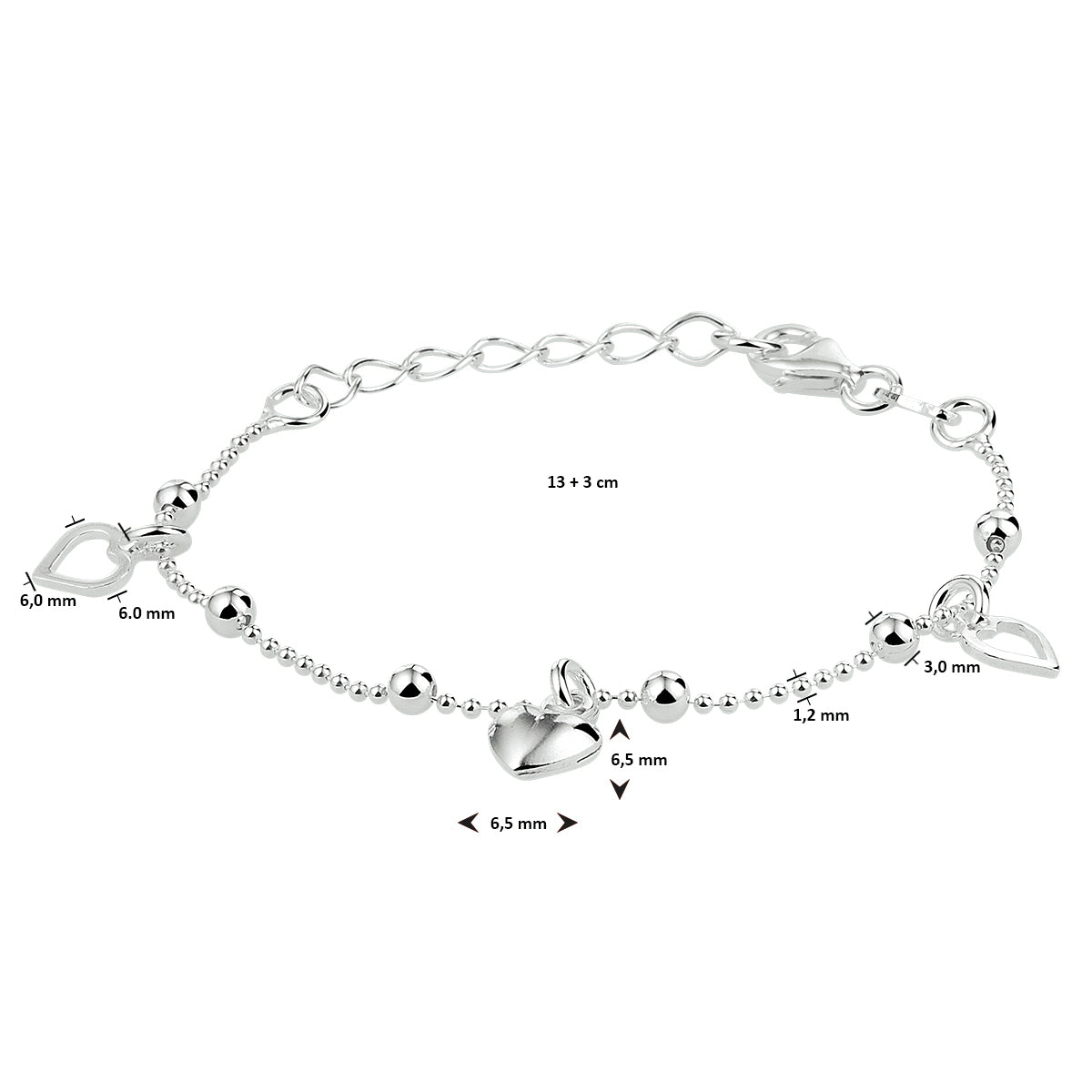 Armband hart 13 + 3 cm zilver gerhodineerd