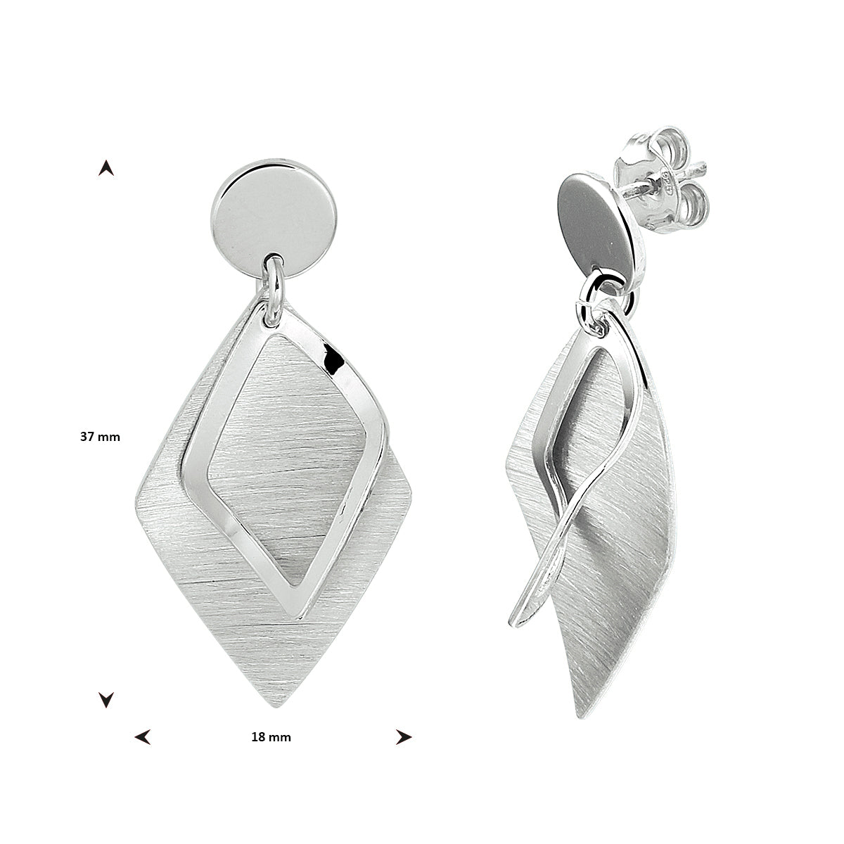 Oorhangers ruit poli/mat zilver gerhodineerd