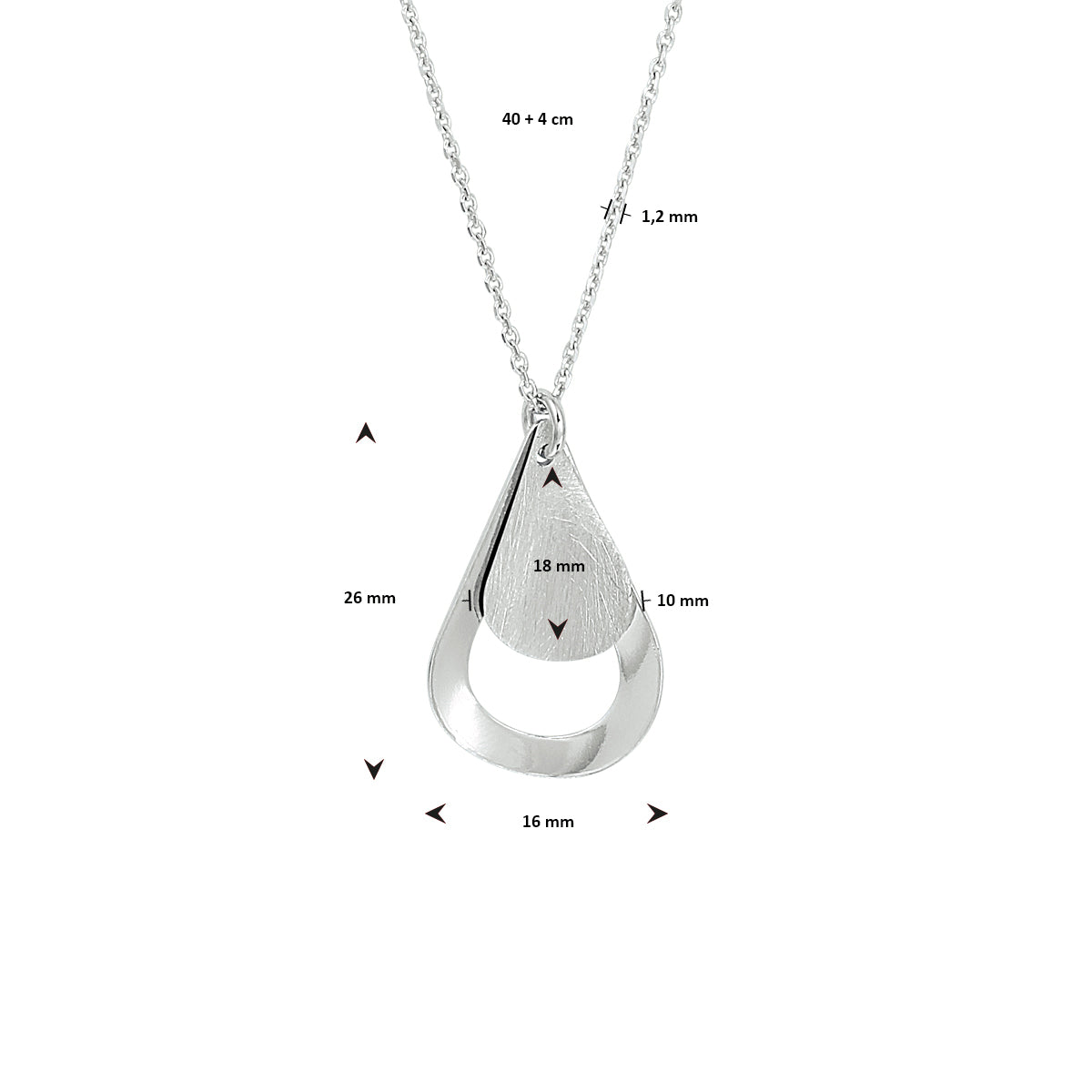 Collier druppel poli/mat 40 + 4 cm zilver gerhodineerd