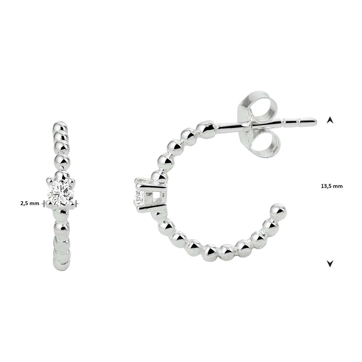 Stekeroorringen bolletjes zirkonia zilver gerhodineerd