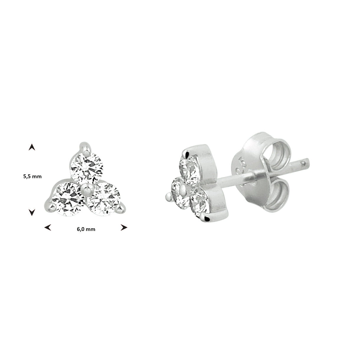 Oorknoppen zirkonia zilver gerhodineerd